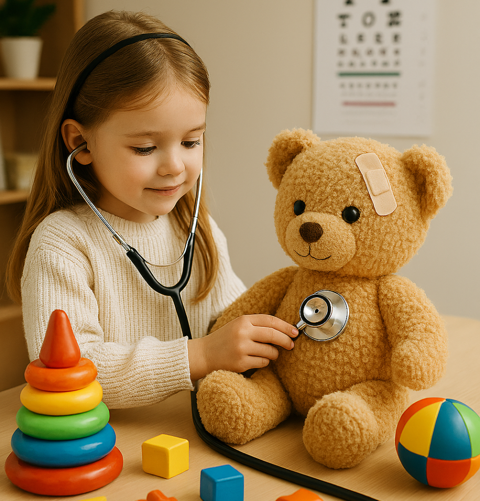 tekoälyllä tehty kuva, jossa lapsi kuuntelee stetoskoopilla pehmonallen sydämenlyöntejä